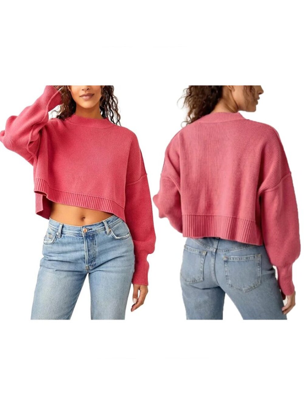 Free People Sweater Womens Size S Pink Ribbed Knit Easy Street Crop Pullover